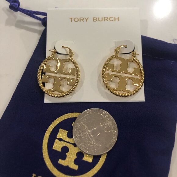 TORY BURCH ROPE DOUBLE T LOGO HOOP EARRINGS 14K GOLD OVER BRASS - Picture 3 of 3
